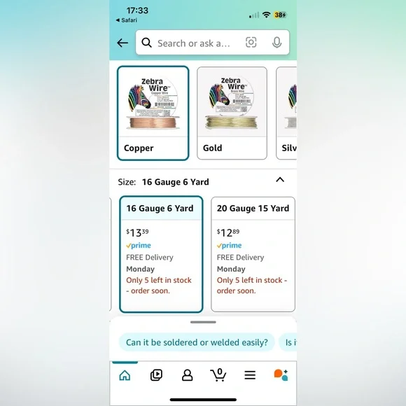 Zebra Wire™, Copper Wire
Color: Natural Size: 16 gauge Length: 6yds/5m - Picture 2 of 4